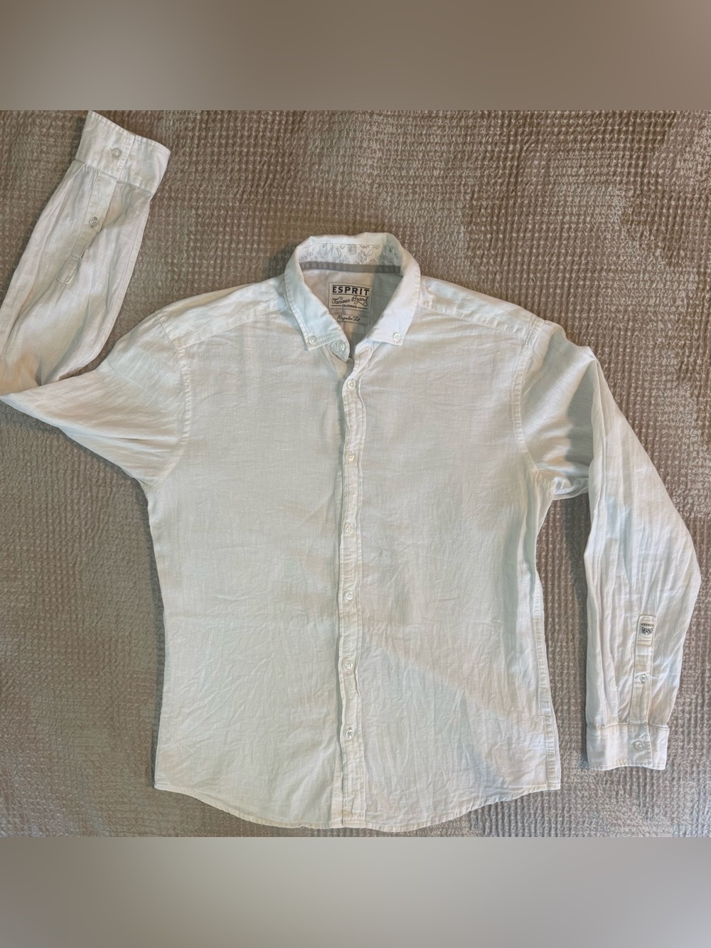 Esprit California Coastal Slub Button Up Shirt Men M Cream Tropical Cuff